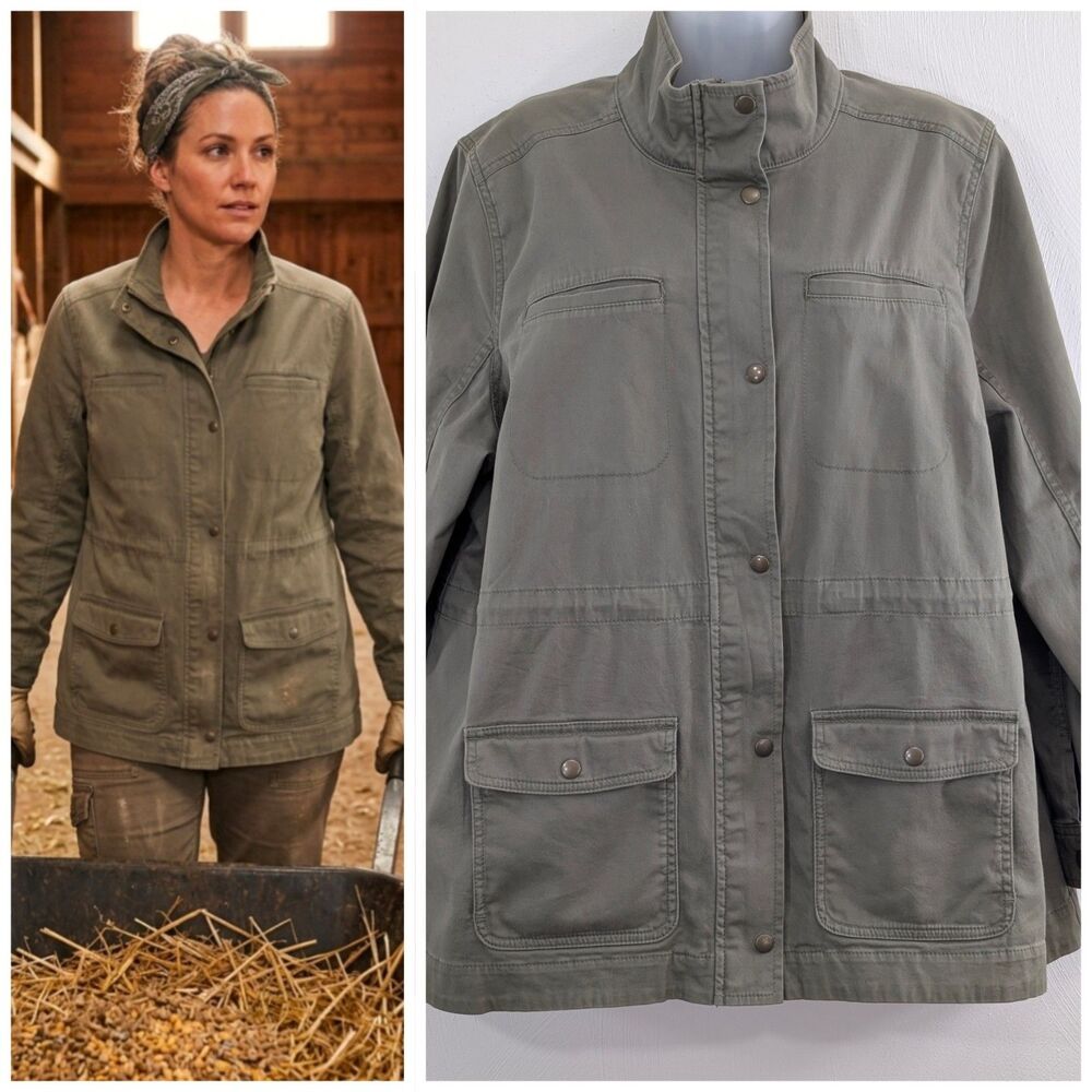 L L Bean 1X Womens Utility Jacket/ Chore Coat Army Green Women Fall Favorite EUC